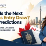 Next Express Entry Draw 2026 predictions, CRS score updates and ITA preparation tips by Brightlight Immigration with Canada skyline and passport.
